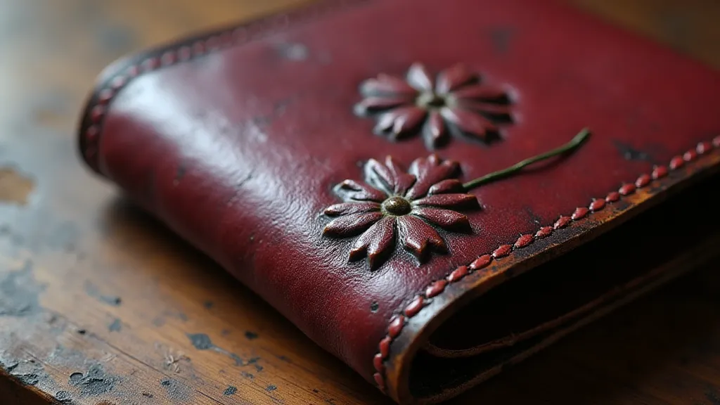 Burgundy leather coin purse with embossed flowers