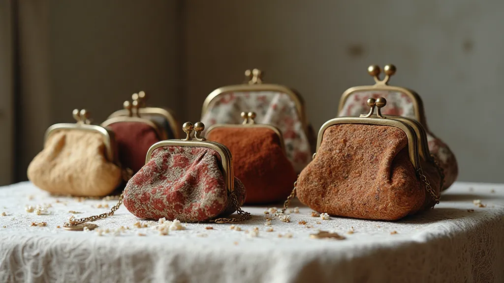 Variety of vintage coin purses on a lace tablecloth