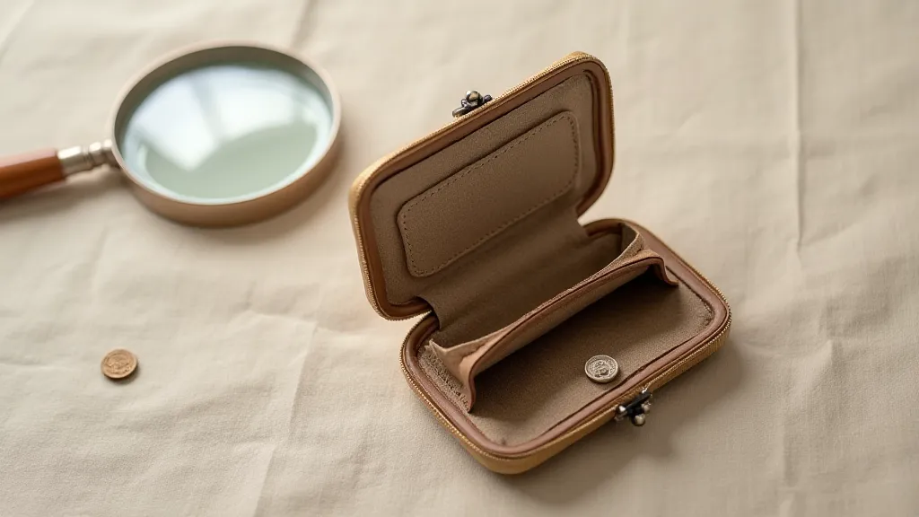 Vintage coin purse open for examination with a magnifying glass
