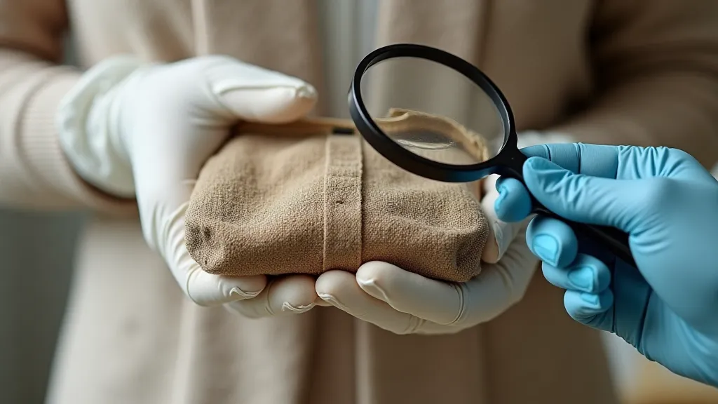 Vintage coin purse being inspected with a magnifying glass