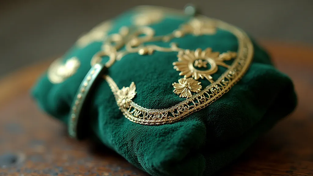 Emerald green velvet coin purse with gold embroidery